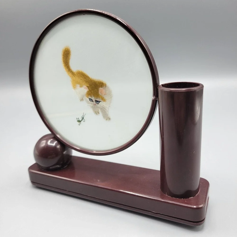 Vintage Unique Brown Desktop Pen Holder Embroidered Cat & Ant Design Plastic
